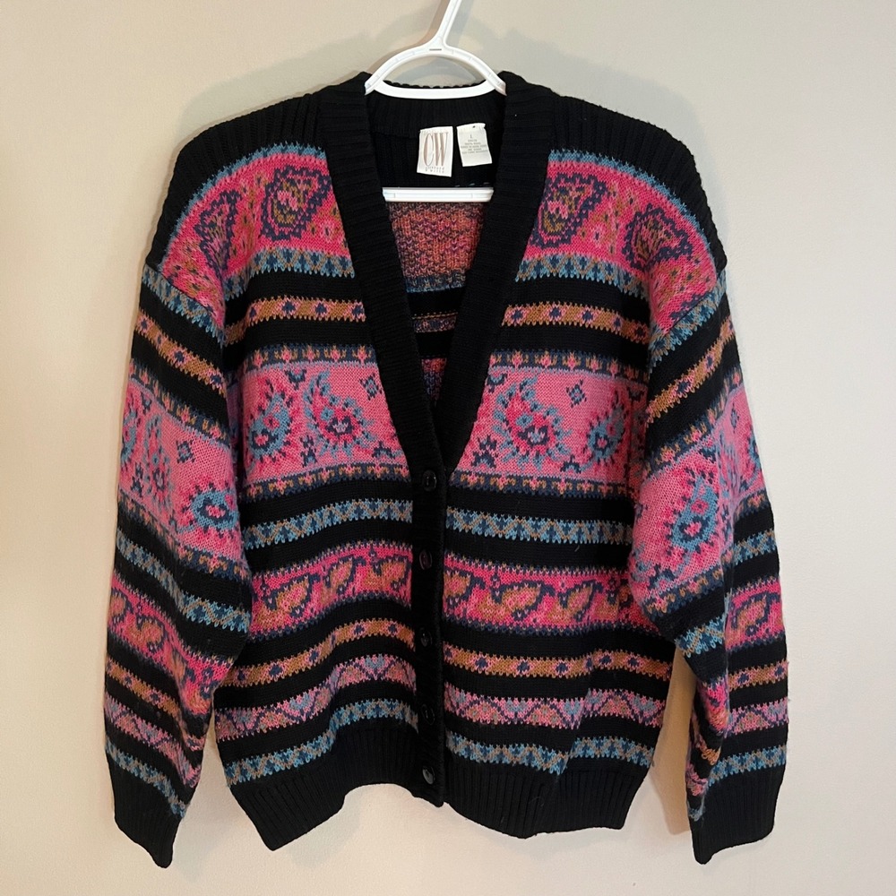 Vintage 90's Wool Cardigan Sweater Paisley L Art Teacher Indie Grunge Maximalist